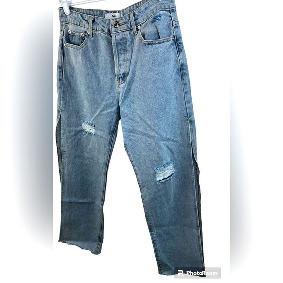 Adika Blue Light Jeans Distressed With Side Slits Button Fly Distressed Sz L New - Picture 3 of 10